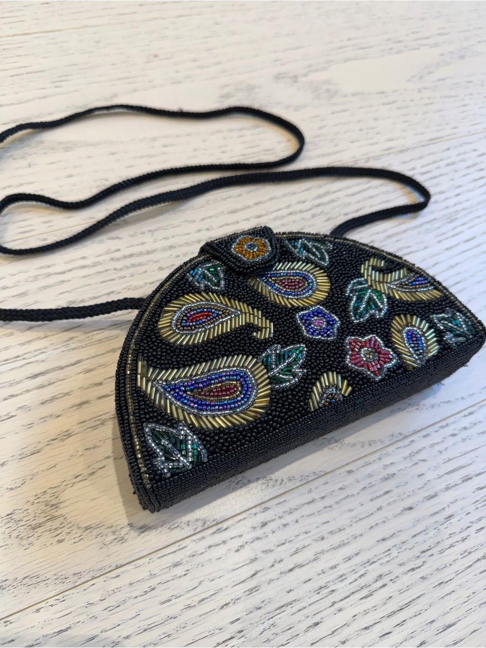 Vintage Artisan Beaded Purse, Flap-Over Clutch, Paisley,